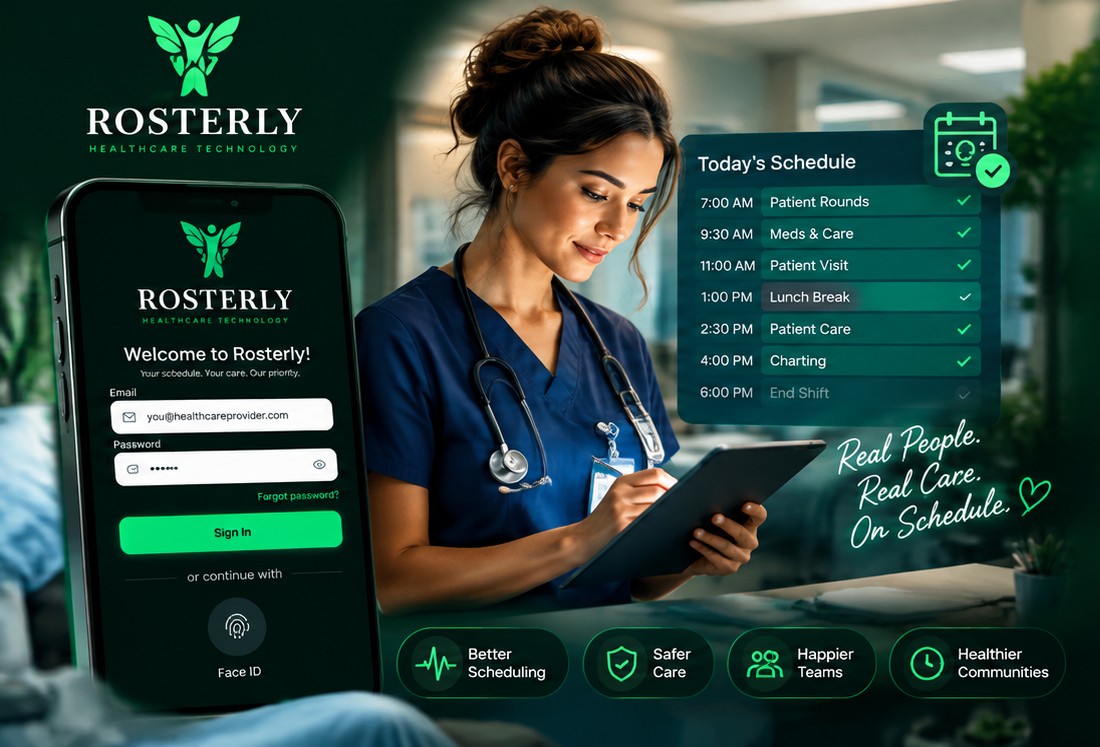 A nurse checks today's schedule on a tablet, next to Rosterly on a phone.